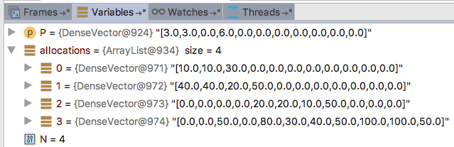 Variables in debugger that show optimal price and allocations for Example 2, step 1.