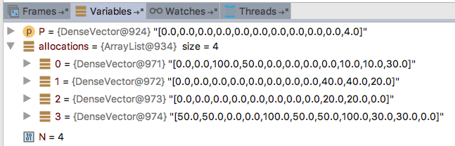 Variables in debugger that show optimal price and allocations for Example 2, step 2.