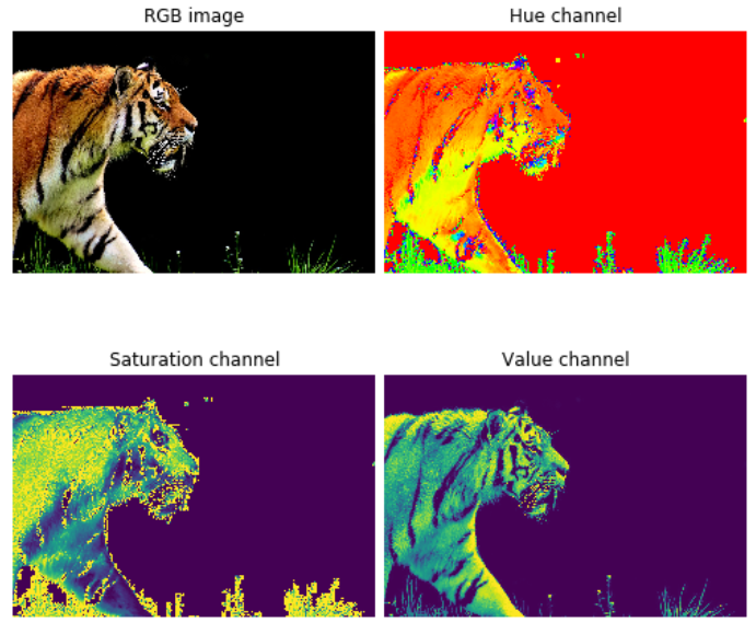 four images, one showing an RGB image, and the others comparing changes applied to the image of hue, saturation, and value, respectively.