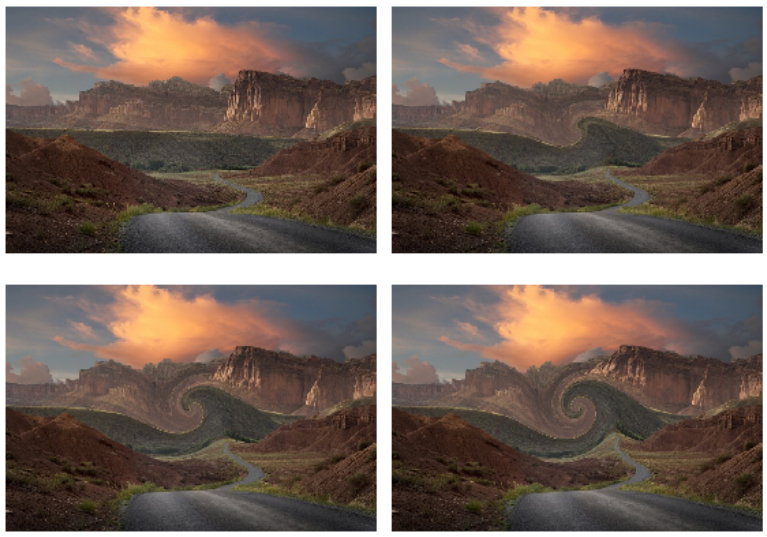 series of four images, with variations in image swirling effects