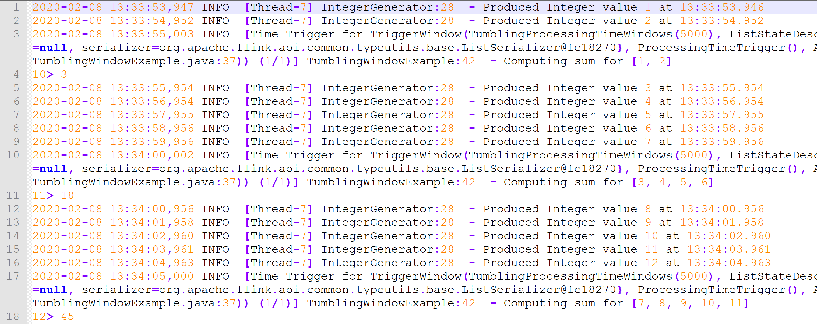 Fig-2: Output of TumblingTimeWindow example