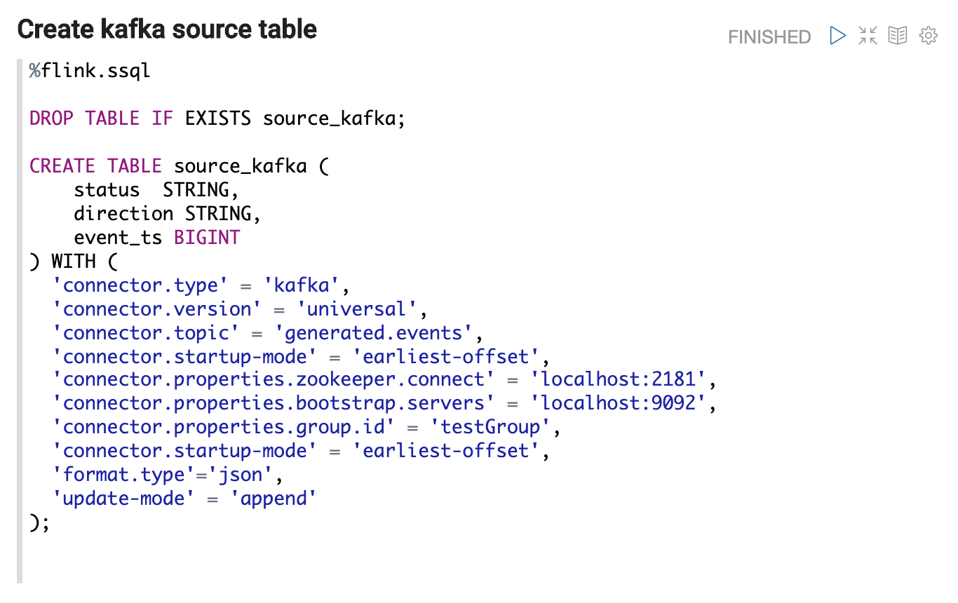 Create Kafka Source Table, Kafka Sources, Flink, Apache Flink, Zeppelin Notebooks